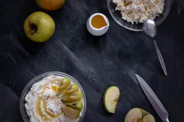 cottage cheese poured with yellow syrup with fresh apples