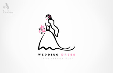 Fototapeta na wymiar Bride in a wedding dress with a bouquet and veil logo vector.