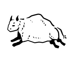 Rock art. Drawing of a bull or ox. Primitive tribal cartoon. Running animal