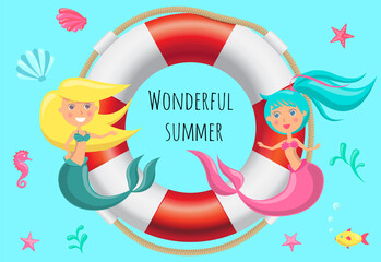 Obraz na płótnie Canvas Wonderful summer poster with lovely cartoon mermaids sit on life ring sailing in sea water at depth with marine life. Sea adventures and travel poster. Marine cruise and sea travelling placard