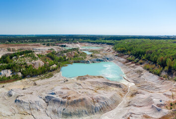 Aerial view of turquoise lakes in abandoned kaolin quarry