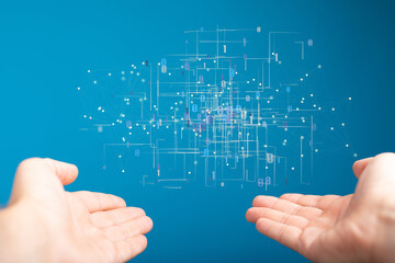 abstract lines with dots over dark background.