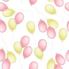 Yellow and pink balloons on a white background. Pastel colors. Vector seamless pattern. Ideal for cover, wallpaper, fabric, textile, wrapping, packaging.