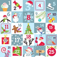 Advent calendar. Printable christmas gift, countdown day numbers to holidays. Xmas greetings, festive cartoon snowman print decent vector template