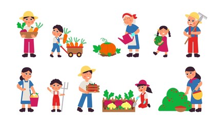 Obraz na płótnie Canvas Harvest autumn collection. Gardening women, farmer working in garden. Fresh vegetable, isolated agriculture people and children decent vector set