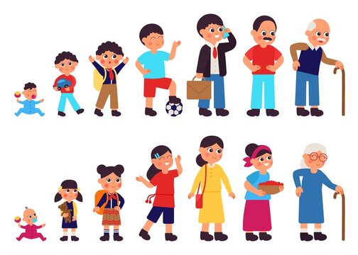 From baby to adult characters. Human ages, teenage girl and old woman. Person in different generations, woman man evolution decent vector set