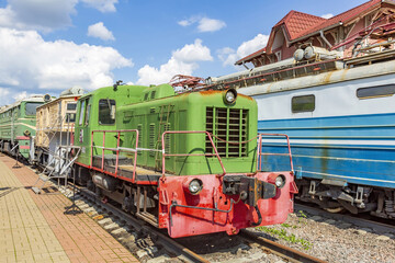 Rare Soviet retro electric locomotive. Exposition area of RZD railway vehicles at Rizhskaya station. Moscow, Russia