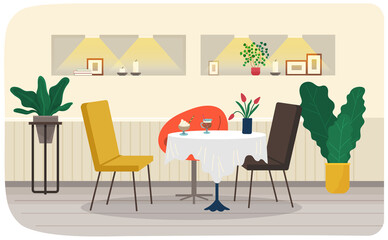 Chairs near single table with tablecloth in restaurant. Place for date in cafeteria, interior of cafe. Desk with flowers, dessert and coffee. Coffee shop interior with furniture, food and drinks