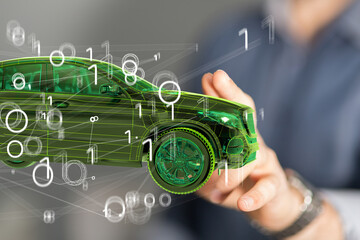 Electric car icon from lines, triangles and particle style