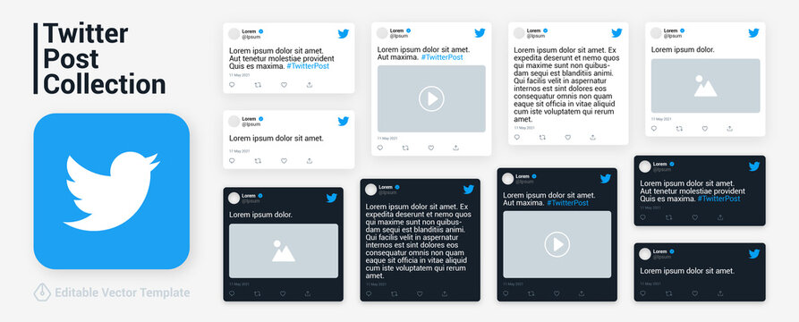Twitter post template collection vector. Isolated Twitter tweet frame mockups set. Editable text and empty  pictures on tweets posts. Realistic mockup design. Editorial vector stock.