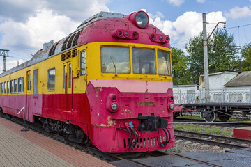 Obraz premium Rare Soviet retro electric locomotive. Exposition area of RZD railway vehicles at Rizhskaya station. Moscow, Russia