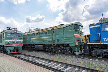 Obraz premium Rare Soviet retro electric locomotive. Exposition area of RZD railway vehicles at Rizhskaya station. Moscow, Russia