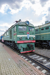 Fototapeta premium Rare Soviet retro electric locomotive. Exposition area of RZD railway vehicles at Rizhskaya station. Moscow, Russia