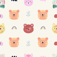 Hand drawn Animals vector seamless pattern pink background. Tiger, cats, bear,  leopard print. Doodle illustration. 