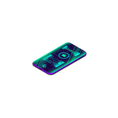 Mobile phone in an isometric style. The concept of an application for online banking. Payment security. Encoded data transmission.