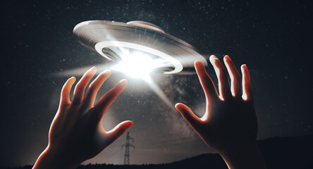 Kidnapping by UFO concept - contact with an alien civilization - the guy covers himself with his hands in front of an unidentified flying object 3D illustration - obrazy, fototapety, plakaty
