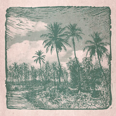 Tropical landscape with palms trees and clouds, retro engraving style. Vintage design element. Raster illustration 