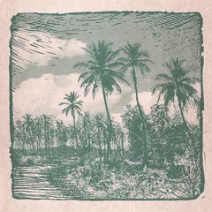 Wall murals Khaki Tropical landscape with palms trees and clouds, retro engraving style. Vintage design element. Raster illustration 