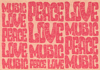 Belettering Design Peace, Love, Music met handgeschreven lettertypen en gravure achtergrond. Rasterillustratie