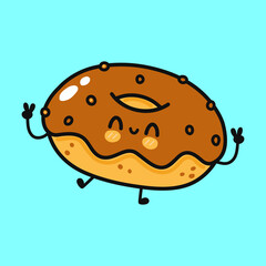 Cute funny chocolate donut character. Vector hand drawn cartoon kawaii character illustration icon. Isolated on blue background. Chocolate donut character concept