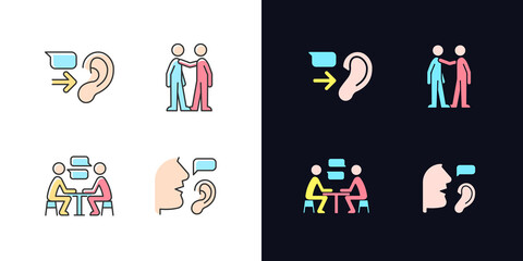 Verbal and nonverbal communication light and dark theme RGB color icons set. Message receiver. Personal touch. Isolated vector illustrations on white and black space. Simple filled line drawings pack