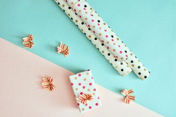 Rolls of wrapping paper, gift box,