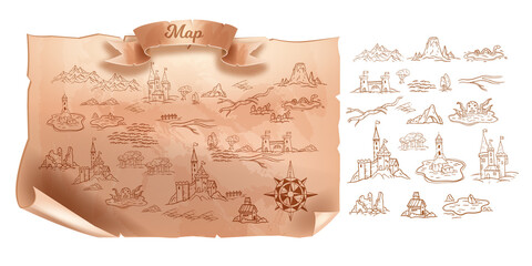 Old map, vector vintage travel cartography paper, antique medieval treasure parchment on white. Fantasy kingdom doodle geographical object sketch set, adventure game background. Old map icons © Oleksandra