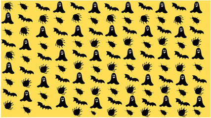 Halloween design with yellow background and silhouettes of bats, ghosts, spiders and cockroach