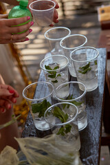 Young woman at a bachelorette party makes a mojito cocktail for the company. Preparation instructions. Step 4