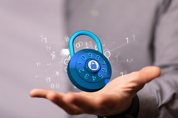 Businessman using digital padlock with data protection 3D rendering
