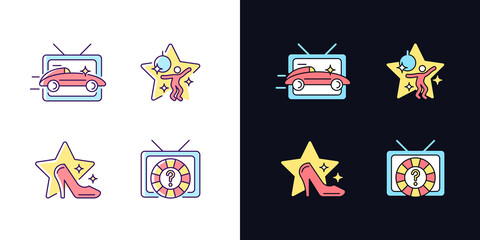 TV genres light and dark theme RGB color icons set. Car racing broadcast. Dancing competition. Fashion program. Isolated vector illustrations on white and black space. Simple filled line drawings pack