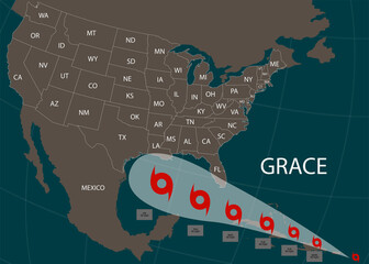 Hurricane Grace moves into the USA. World map. Vector illustration. EPS 10