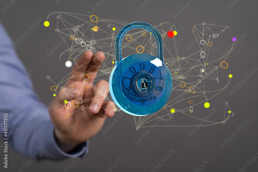 Aufkleber Businessman using digital padlock with data protection 3D rendering