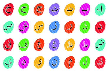 Arabic alphabet. Kids Arabic Calligraphy fonts. ABC letters. Vector illustration.