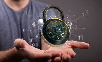 Businessman using digital padlock with data protection 3D rendering