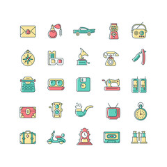 Vintage style RGB color icons set. Collecting items with historical value. Retro style look. Collectable antique model. Isolated vector illustrations. Simple filled line drawings collection