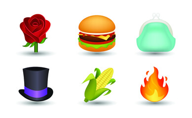 6 Emoticon isolated on White Background. Red rose, hamburger, blue woman purse, magic hat, corn plant and fire flame vector emoji Illustration. 3d Illustration.