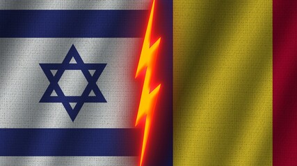 Romania and Israel Flags Together, Wavy Fabric Texture Effect, Neon Glow Effect, Shining Thunder Icon, Crisis Concept, 3D Illustration