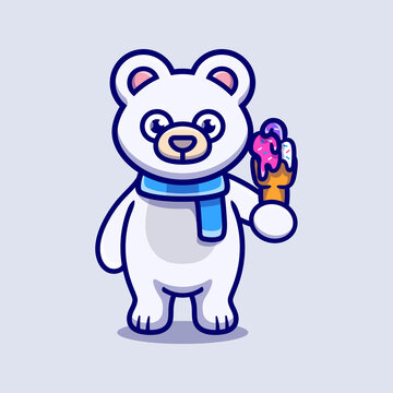 cute polar bear eating ice cream illustration