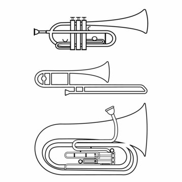 Set of musical wind instruments trumpet trombone tuba, black contour isolated vector illustration