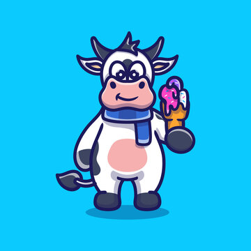 cute cow eating ice cream illustration