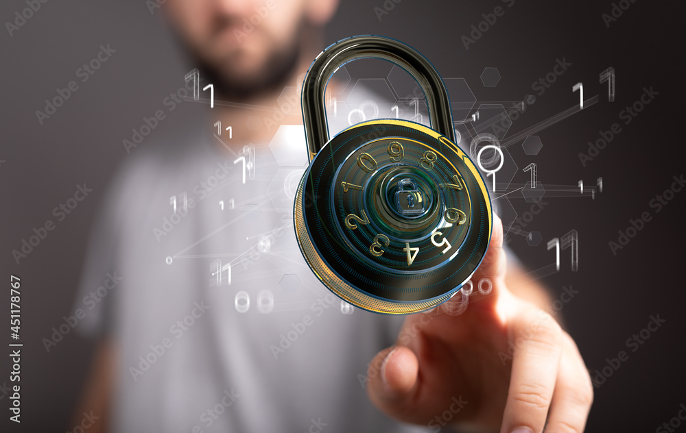 Poster Businessman using digital padlock with data protection 3D rendering