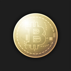 Bitcoin. Physical bit coin. Digital currency. Cryptocurrency. Golden coin with bitcoin symbol isolated on color background. Stock vector illustration