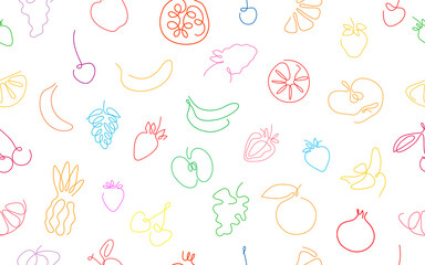 One line art style fruits seamless pattern. Abstract creative food in minimalism design. Hand drawn vector illustration.