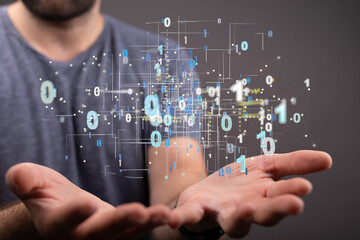 Digital cyberspace with particles and Digital data network connections concept.