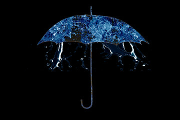 On a black background an umbrella made of water.
