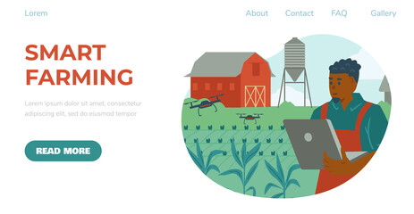 Template for smart farming website with vector flat illustration of farmer controlling drones.