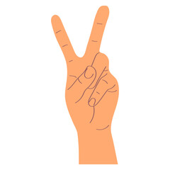 Hand shows finger number two . Gesture. Shows the number two with the fingers of the hand.Vector illustration in flat style.