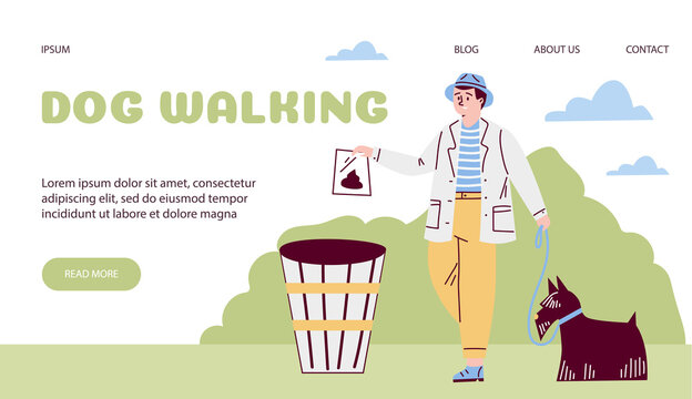 Owner of dog walks pet and cleans for dog. Vector flat illustration for web template.
