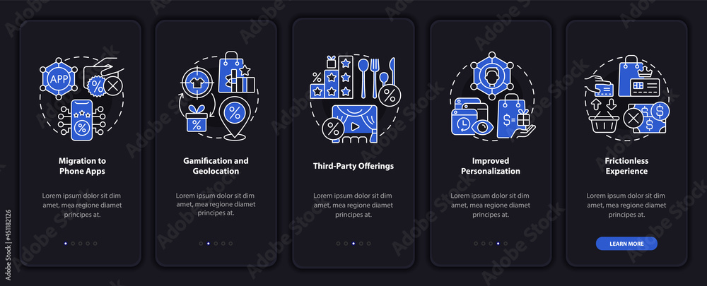Wall mural loyalty programs trends dark onboarding mobile app page screen. tendencies walkthrough 5 steps graph